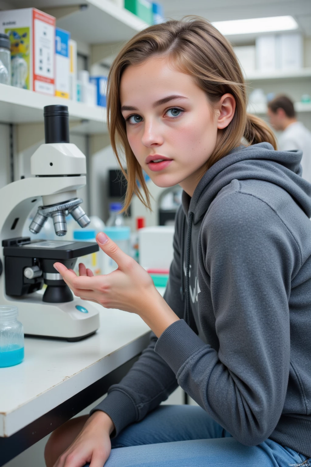 A person in a lab setting is gesturing towards a microscope on a table.