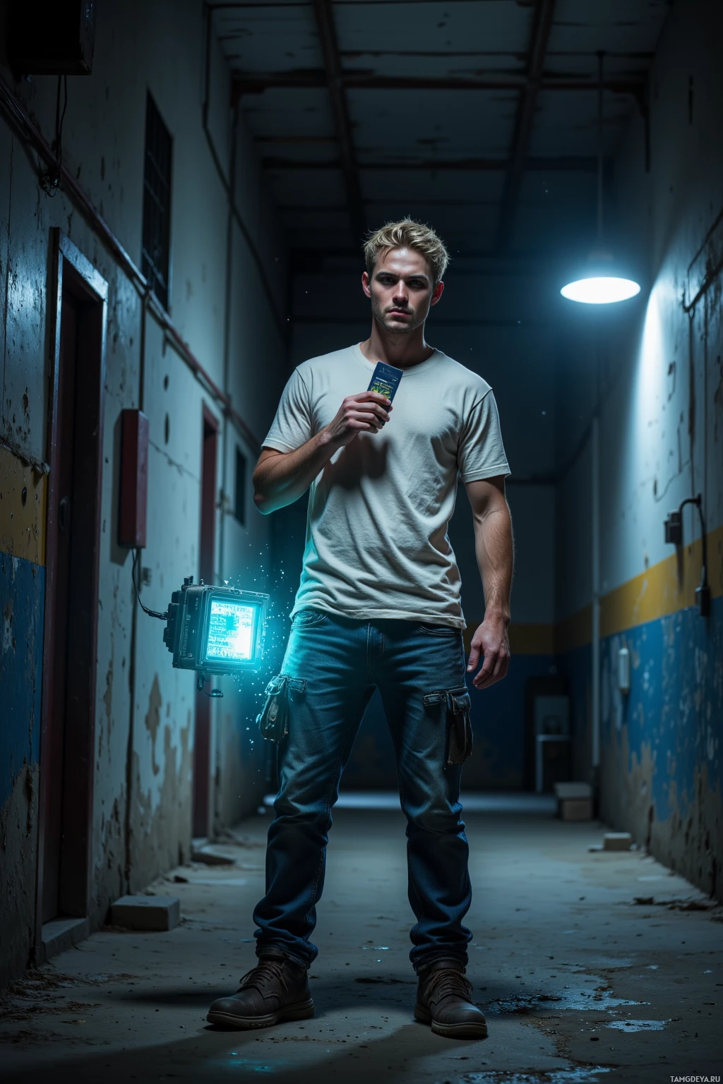 A person stands in an industrial hallway holding a small device with glowing elements.