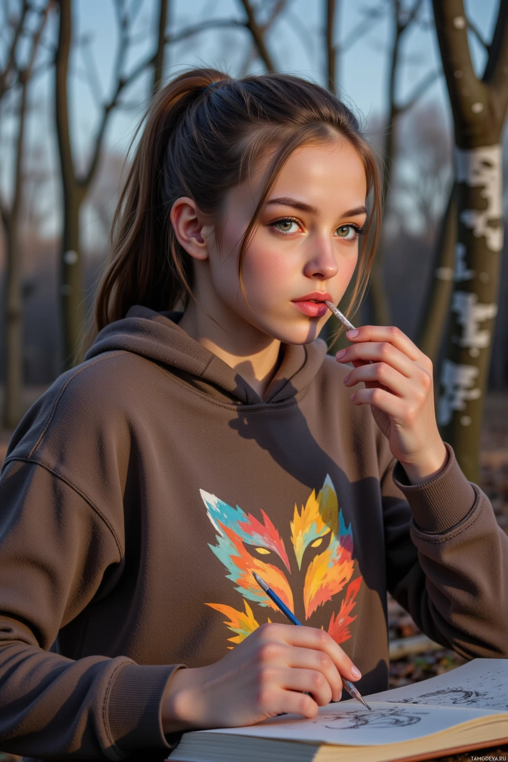 A person wearing a brown hoodie with a colorful fox design is sketching in an open notebook outdoors.