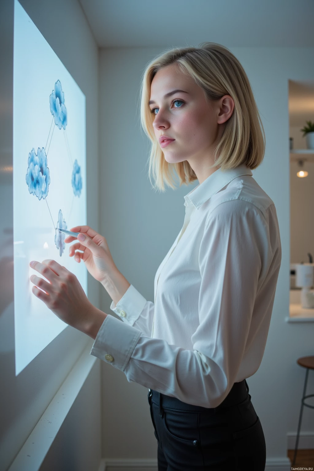 A person in a white shirt interacts with a digital display showing cloud network graphics.