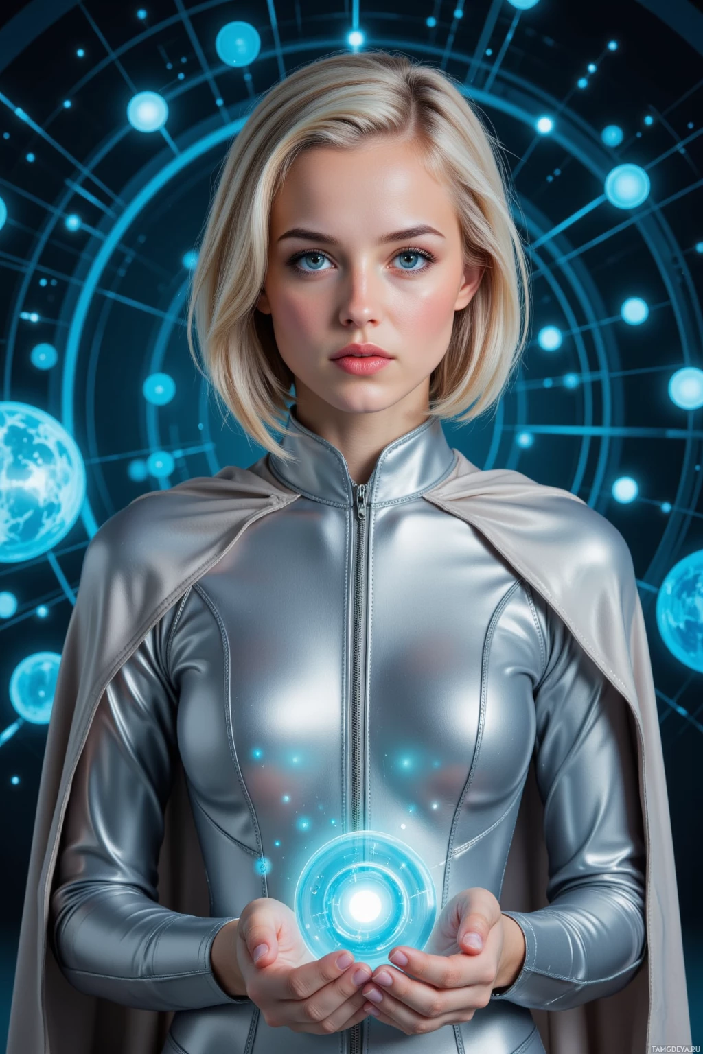 A person in a metallic suit holds a glowing circular device.