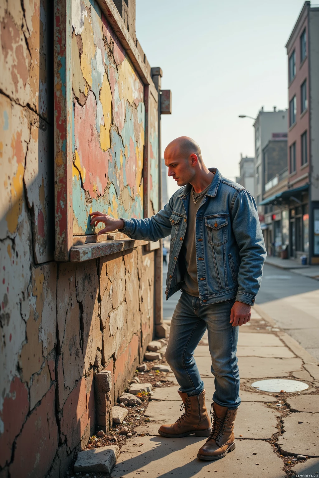 A man in a denim jacket and jeans stands beside a weathered wall, touching it with his hand.