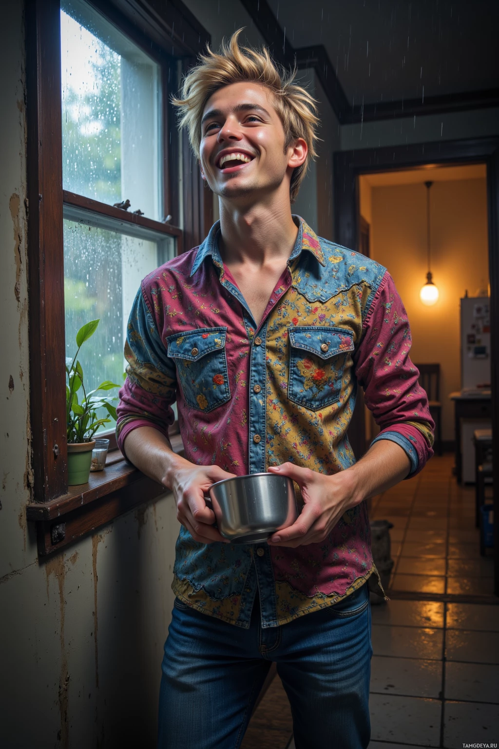 A person stands by a window holding a cup, smiling.