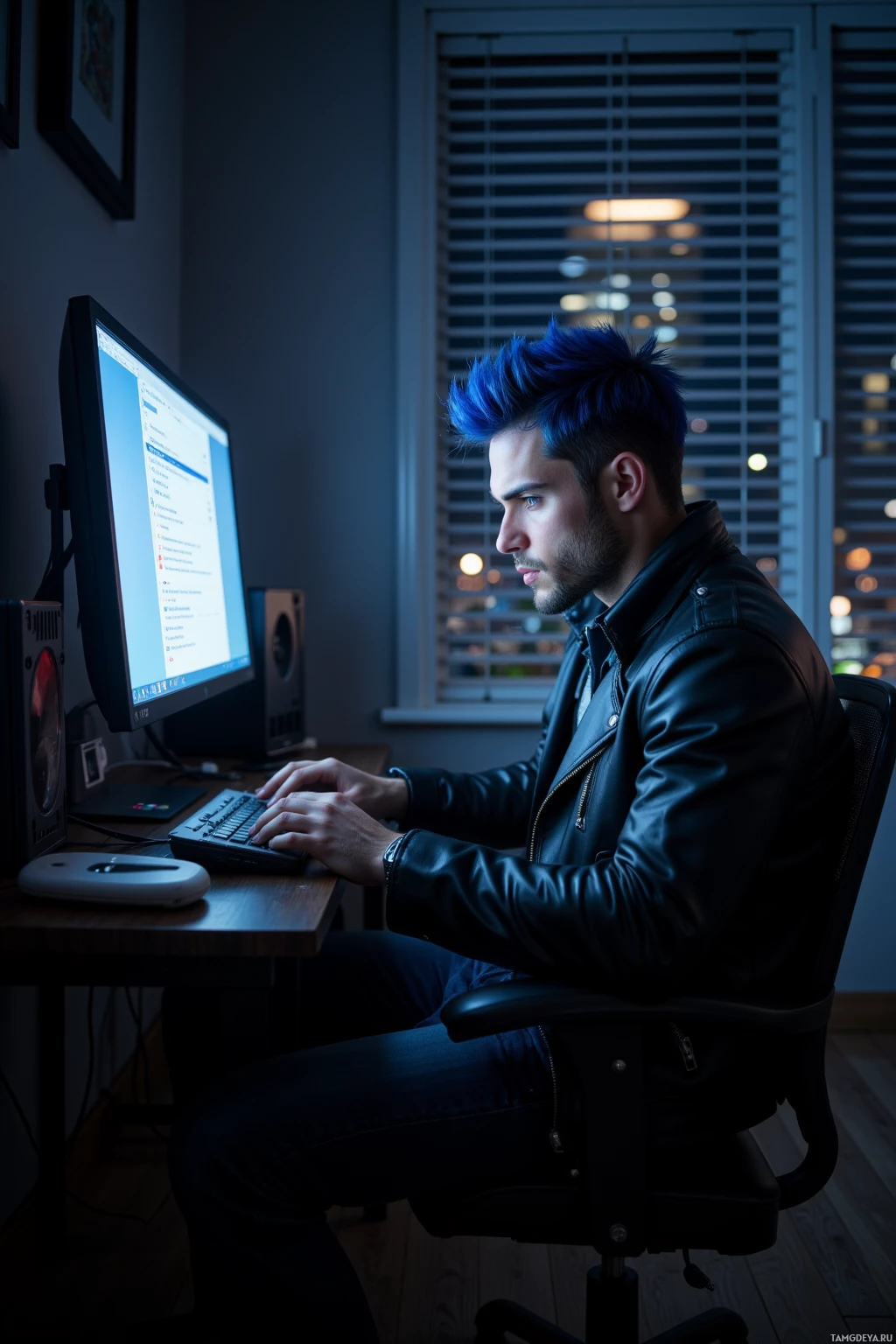 A person with blue hair sits at a desk, working on a computer in a dimly lit room.