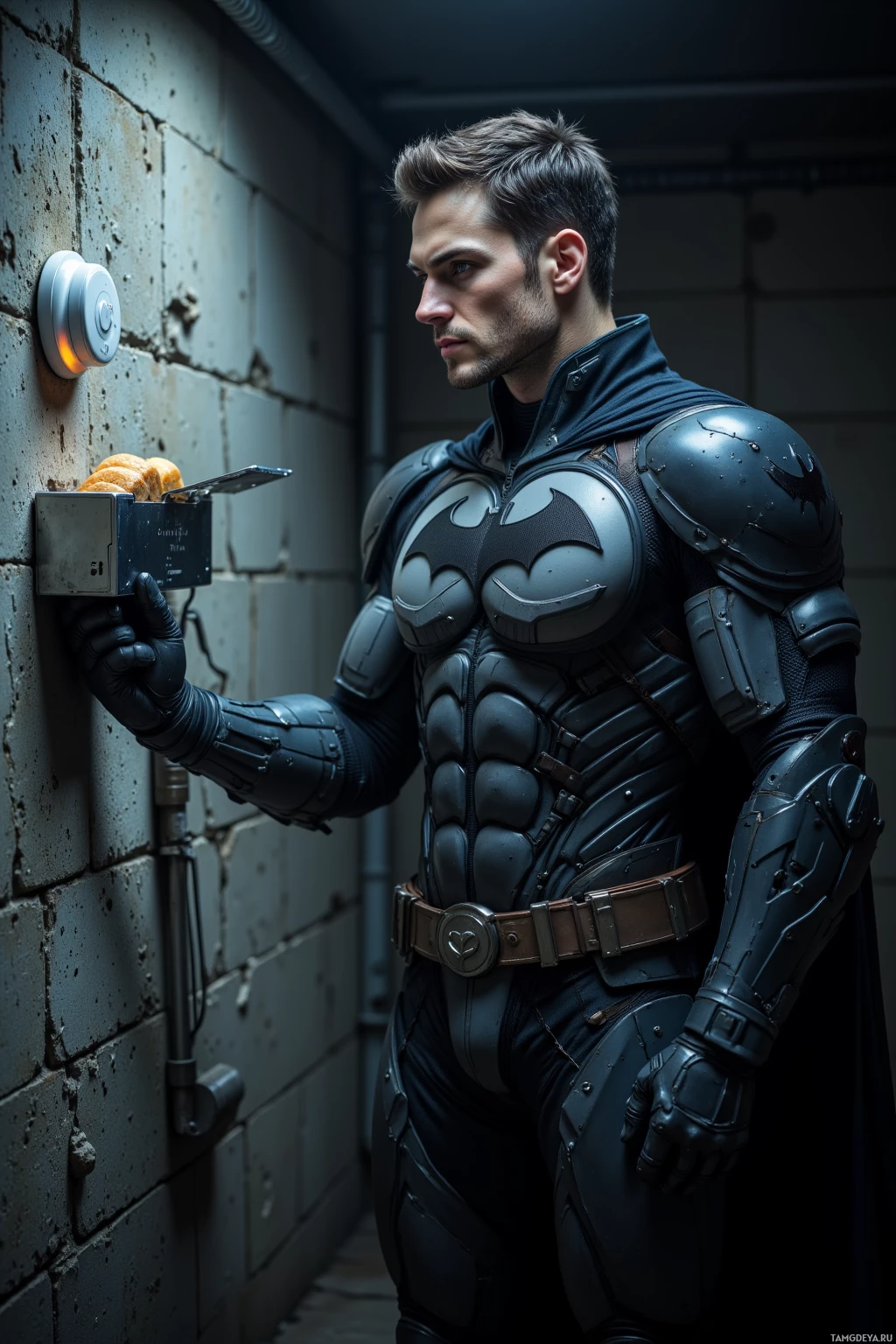 A person in a Batman costume is interacting with a device on a wall.