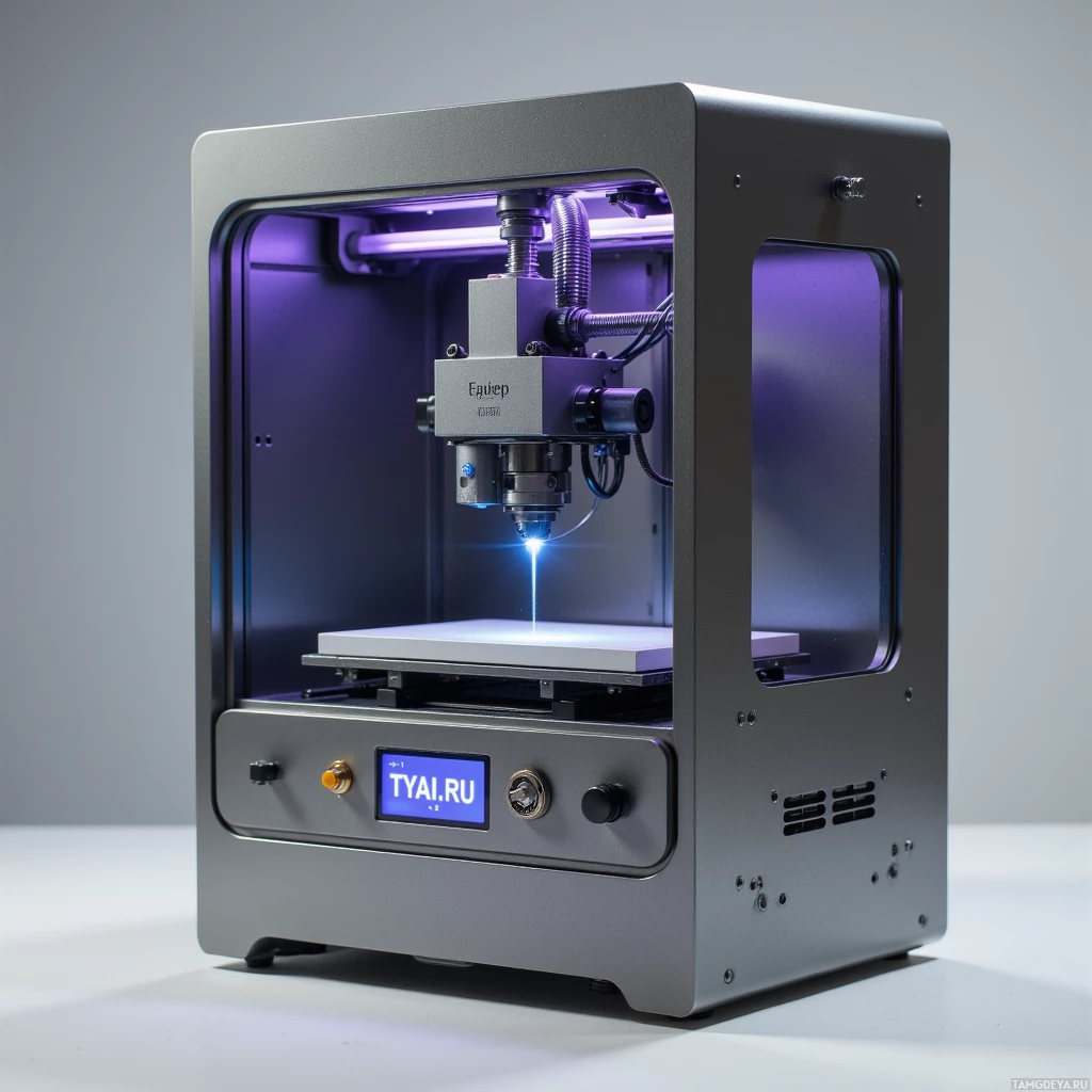 A modern 3D printer with a transparent enclosure and a blue light inside.