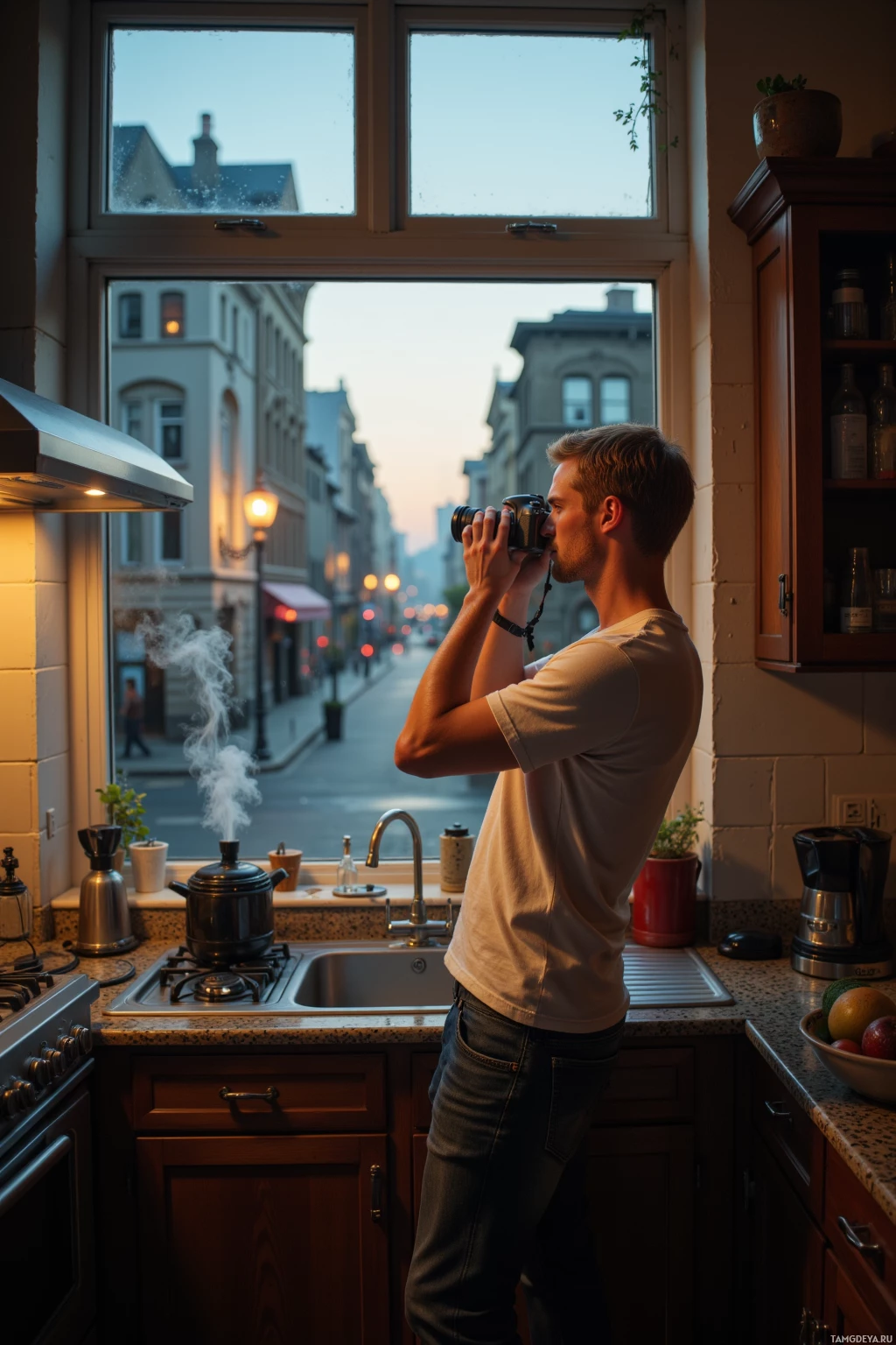 A man stands in a kitchen, taking a photo through a window overlooking a street scene.