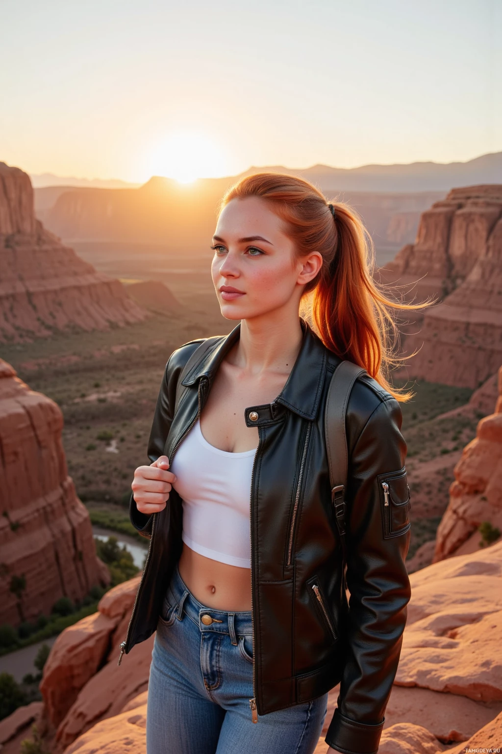 A person stands on a rocky landscape with a sunset in the background, wearing a black leather jacket and jeans.