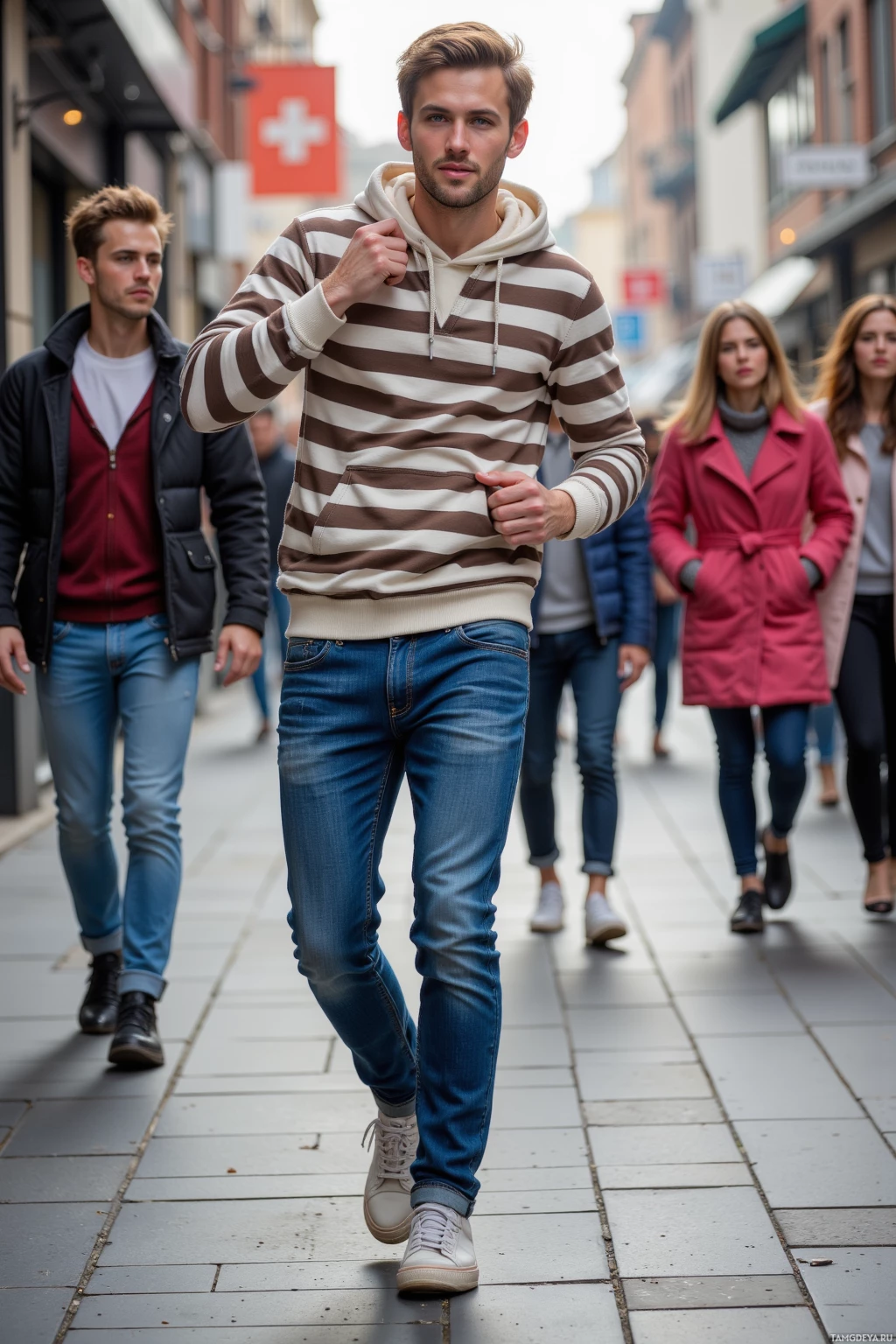 A man walks down a city street wearing a striped hoodie and jeans.