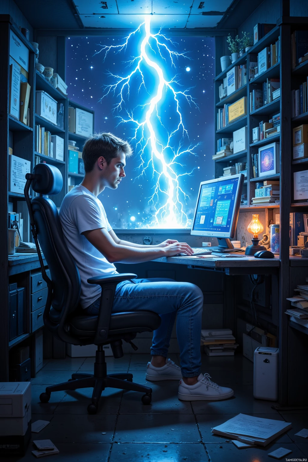 A person sits at a desk in a dimly lit room, working on a computer with a lightning bolt effect in the background.