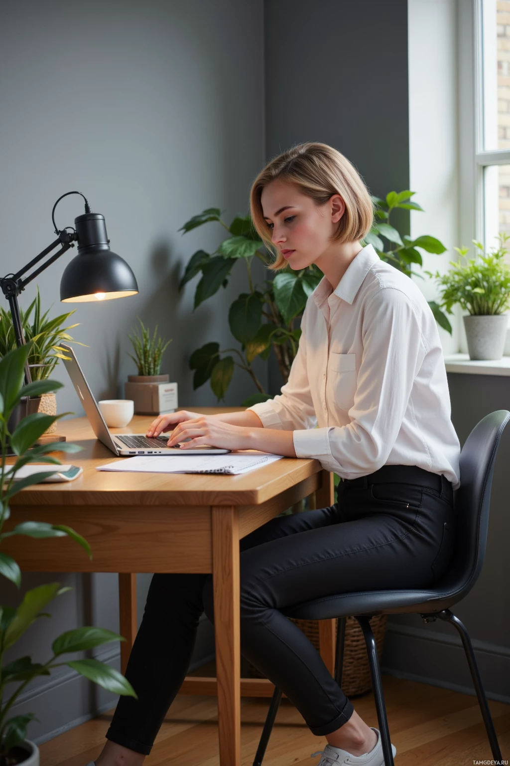 A person is sitting at a desk working on a laptop in a well-lit room with plants and natural light.