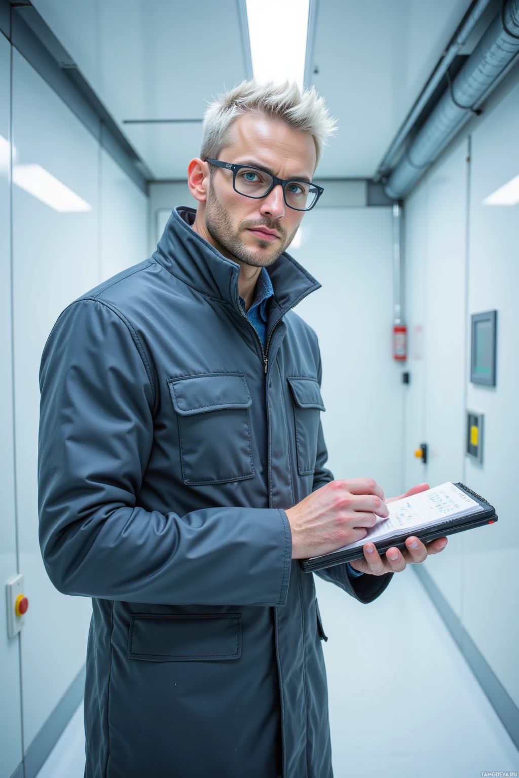 A person in a dark jacket and glasses is holding a clipboard inside an industrial setting.