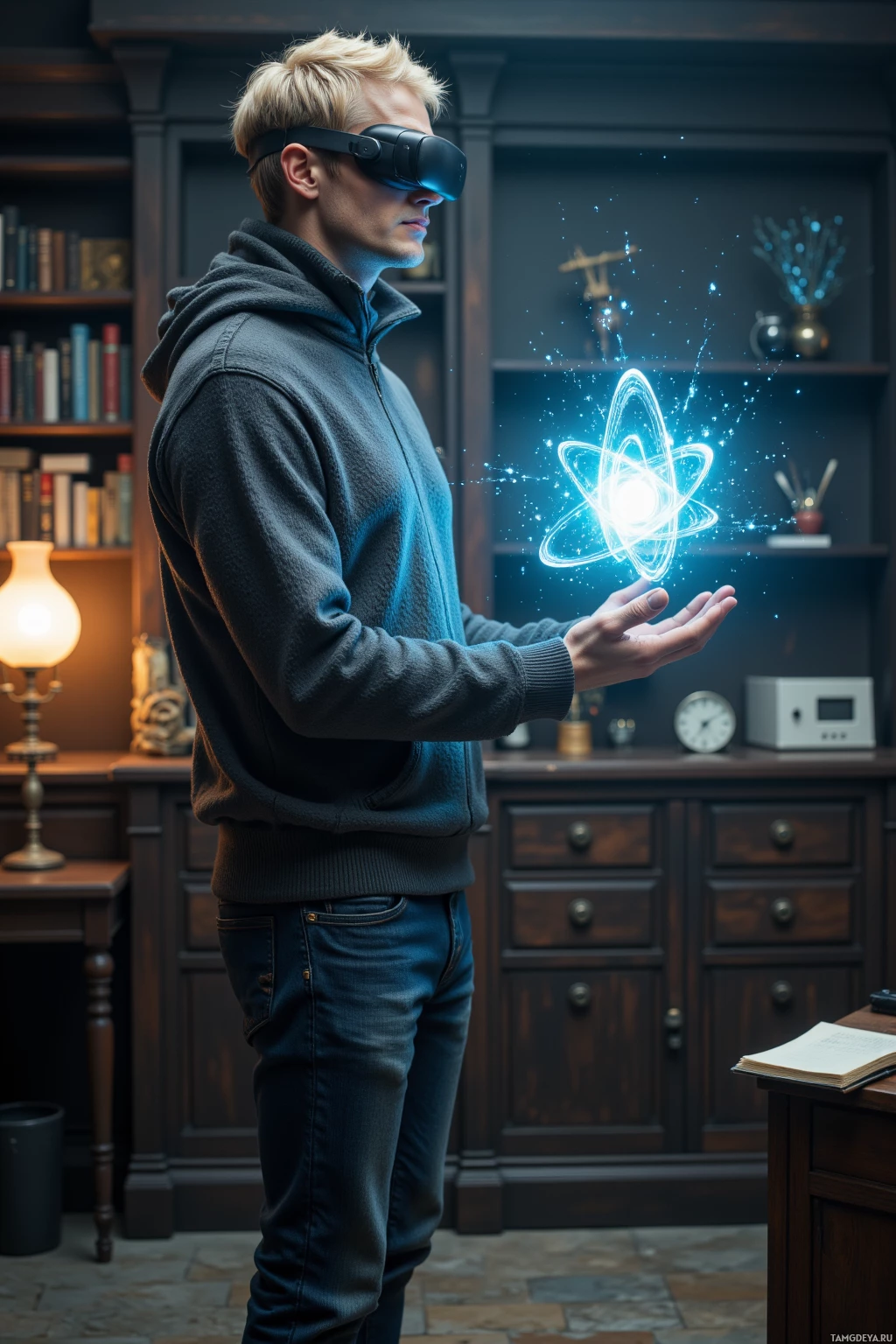 A person wearing a hoodie and VR headset stands in a room with a bookshelf, holding a glowing atom model.
