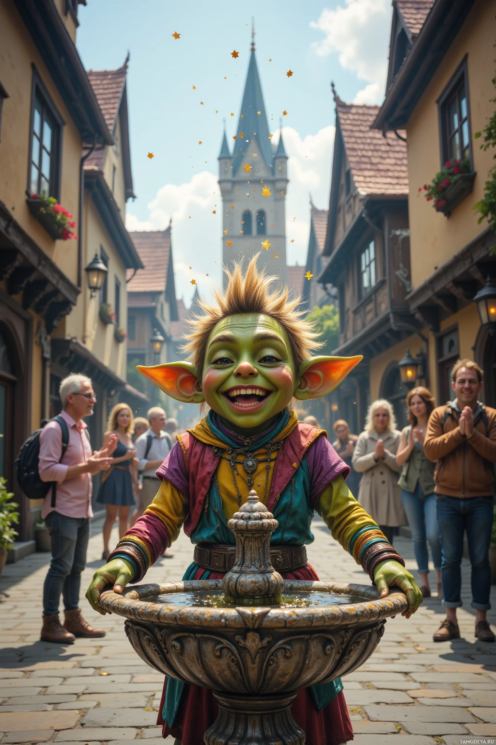 A person in a colorful costume stands beside a fountain in a picturesque town square.