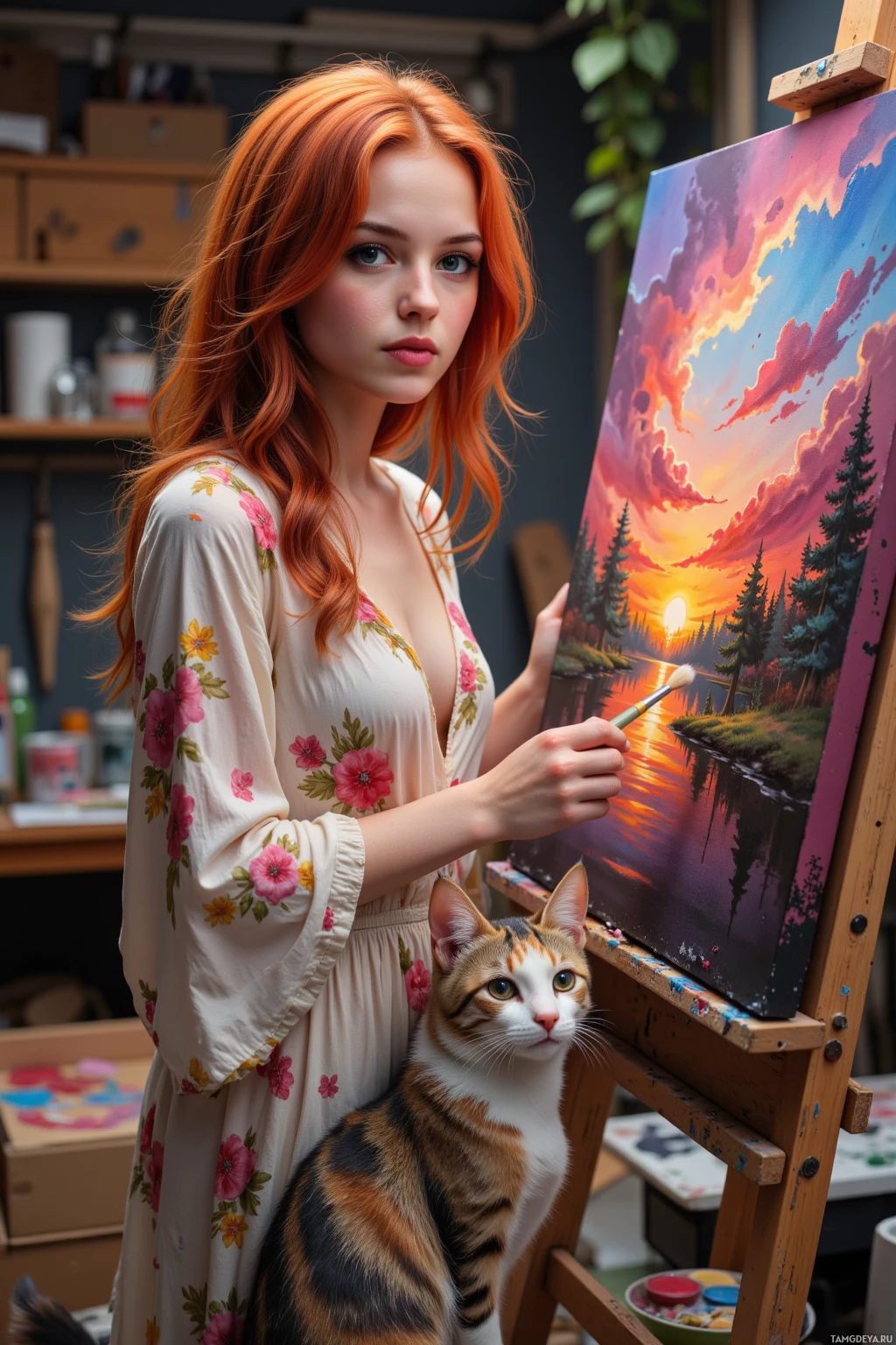 A woman with red hair in a floral dress is painting a scenic sunset landscape with a cat sitting on the easel.