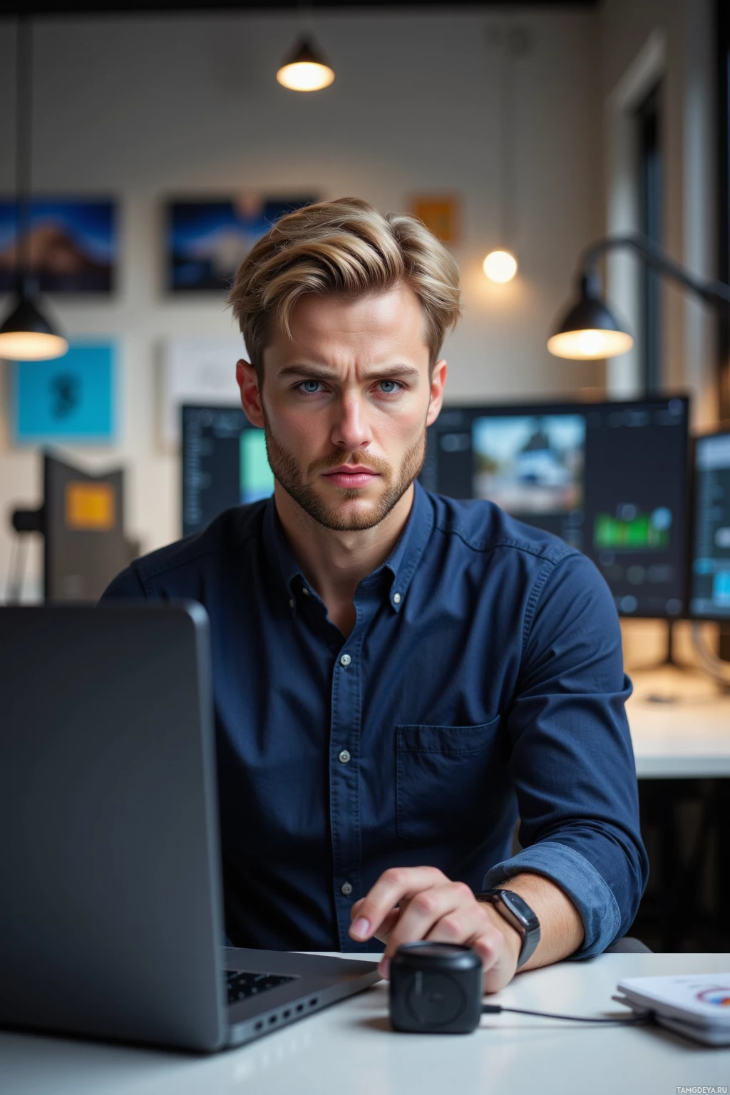A man in a blue shirt sits at a desk with a laptop, surrounded by office equipment and artwork on the wall.