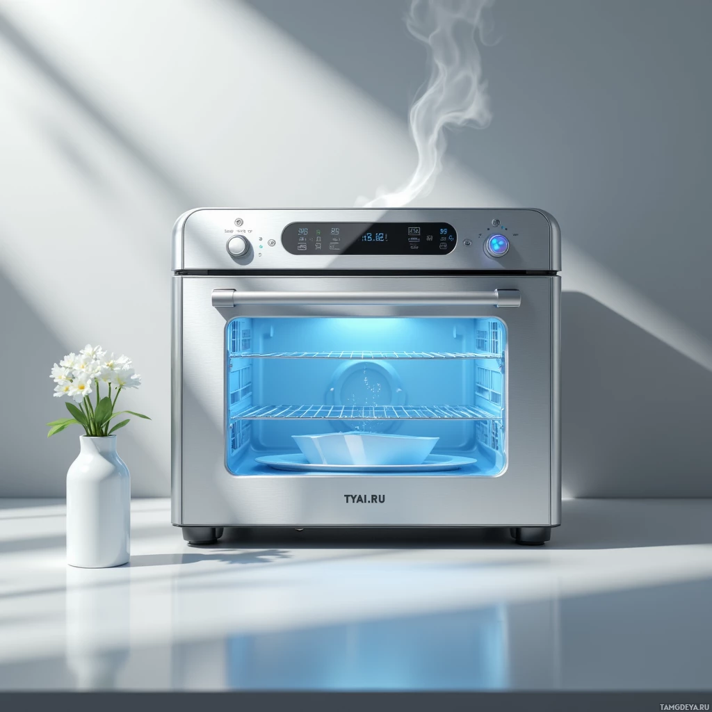 A modern oven with smoke rising from it and a vase of flowers nearby on a clean surface.