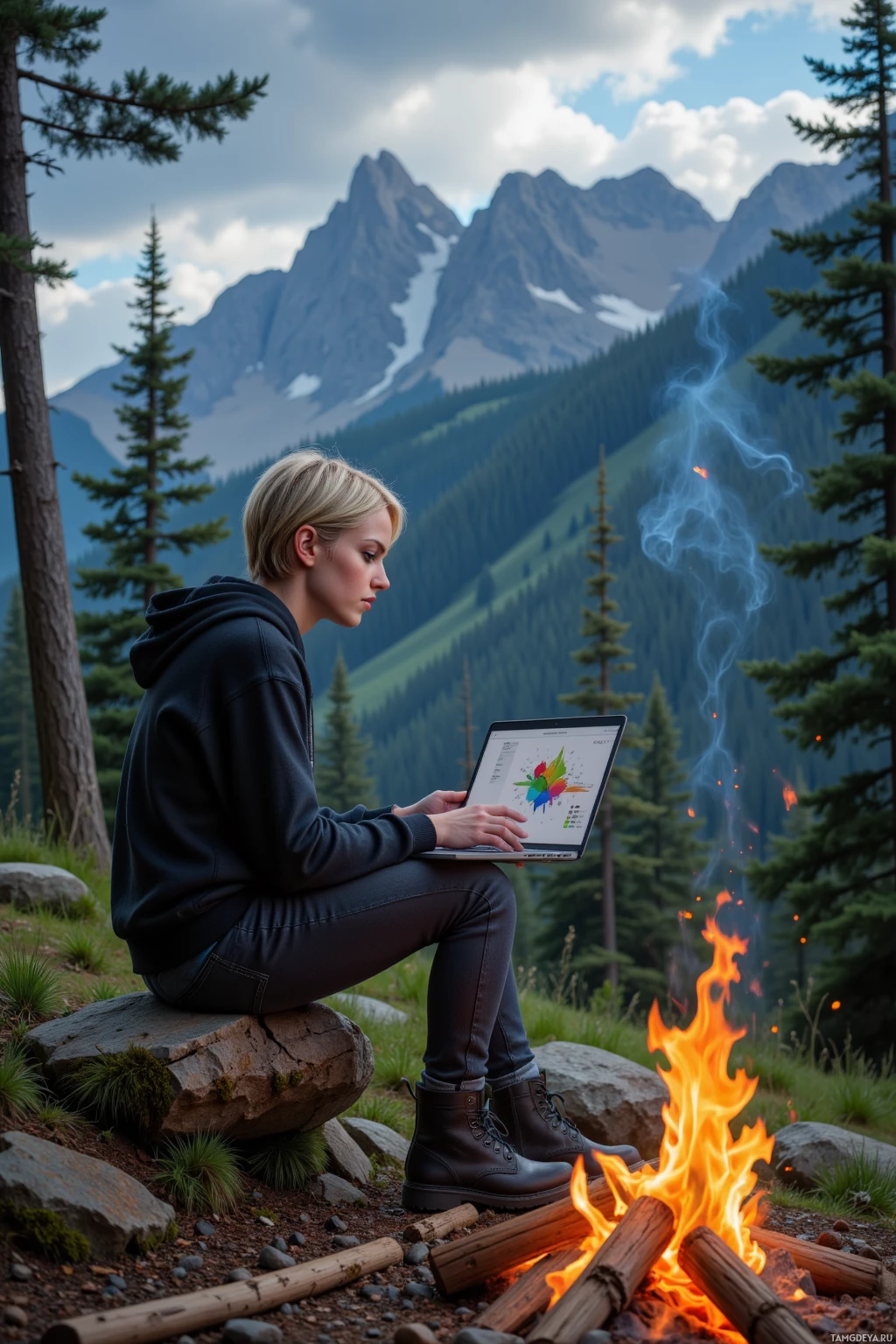 A person sits by a campfire in a mountainous forest setting while using a laptop.