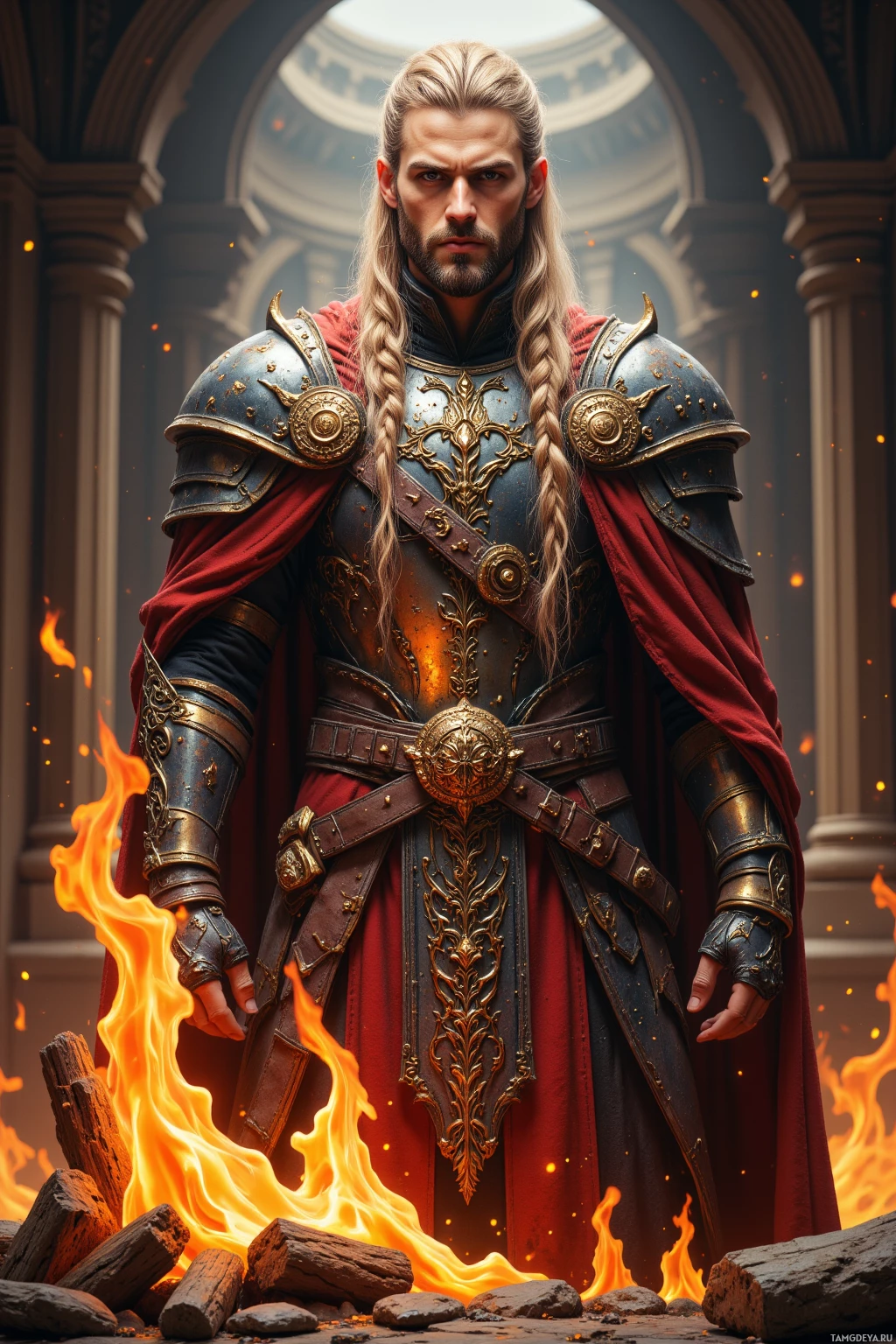 A warrior in ornate armor stands amidst flames and ruins.