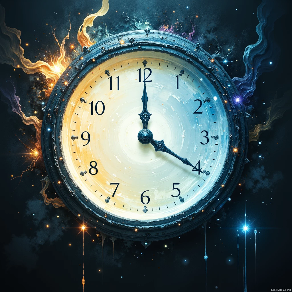 A cosmic clock with glowing elements and a starry background.