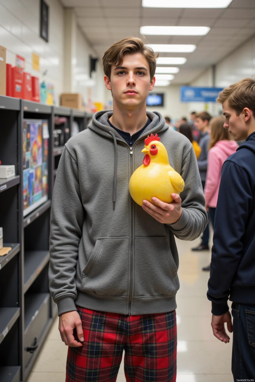 A person in a gray hoodie and plaid pants holds a yellow rubber chicken in a school hallway.