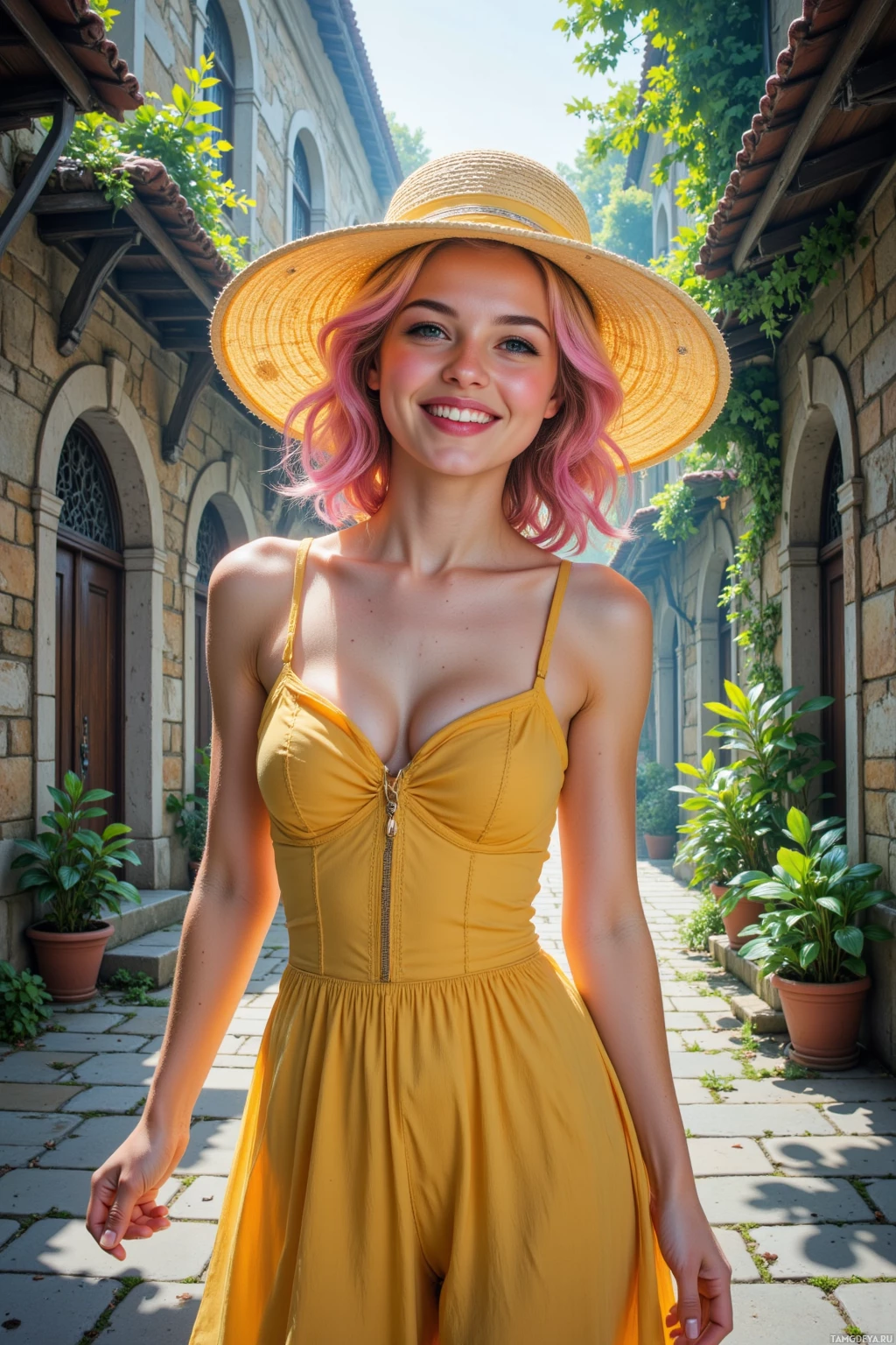 A person wearing a yellow dress and hat stands in an outdoor courtyard with stone buildings and potted plants.
