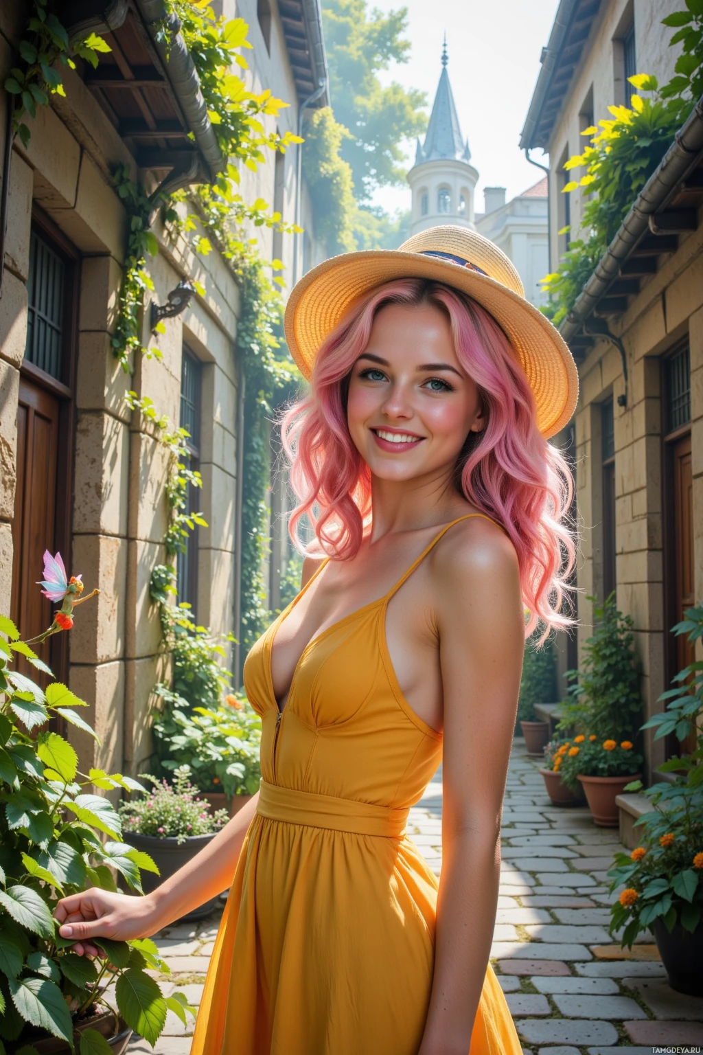 A woman in a yellow dress and straw hat stands in a sunlit alleyway with greenery and a church steeple in the background.