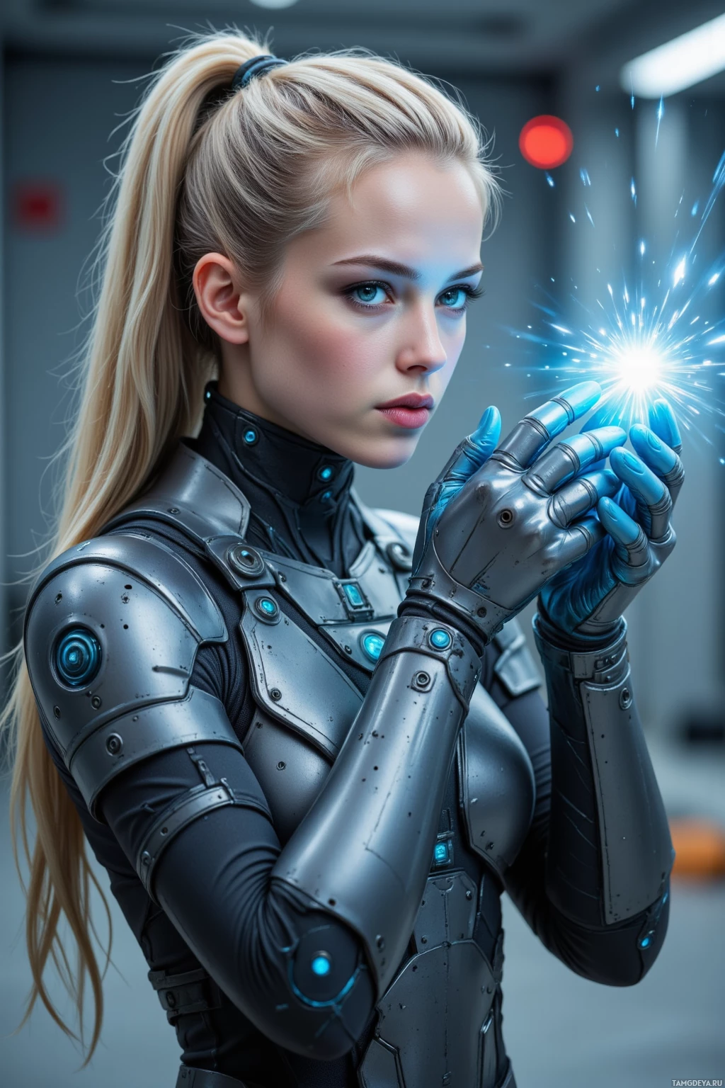 A futuristic woman in a metallic suit holds a glowing blue energy sphere.
