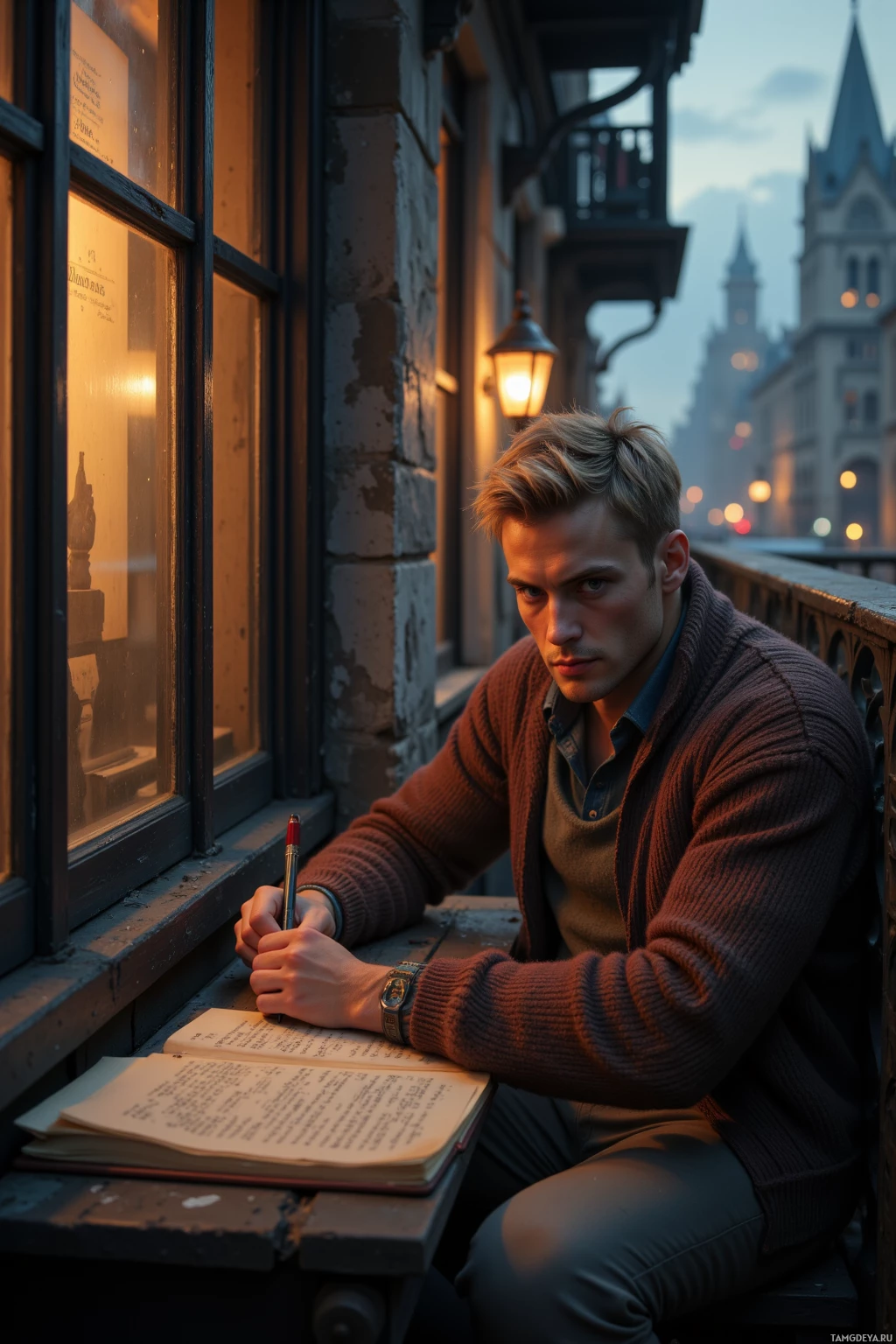 A man sits by a window, writing in a notebook with a pen.