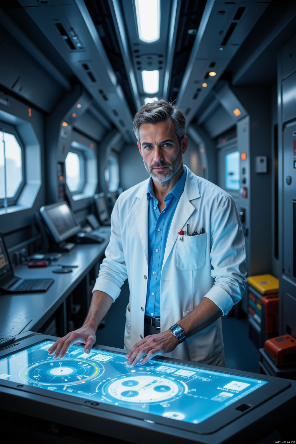 A man in a lab coat stands in a futuristic control room, interacting with a large, illuminated touchscreen.