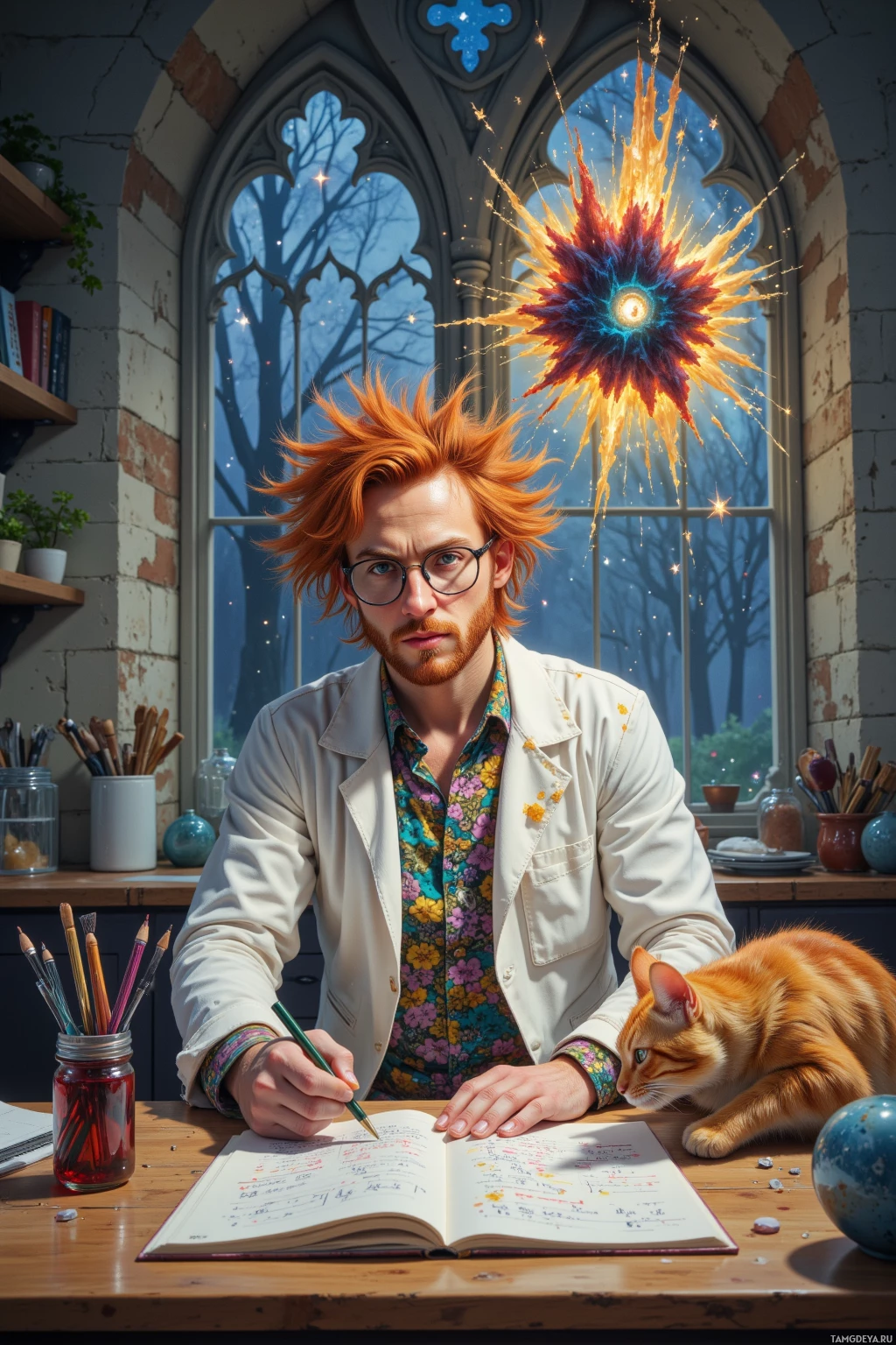 A man with spiky orange hair and glasses sits at a desk, writing in a notebook with a cat nearby.