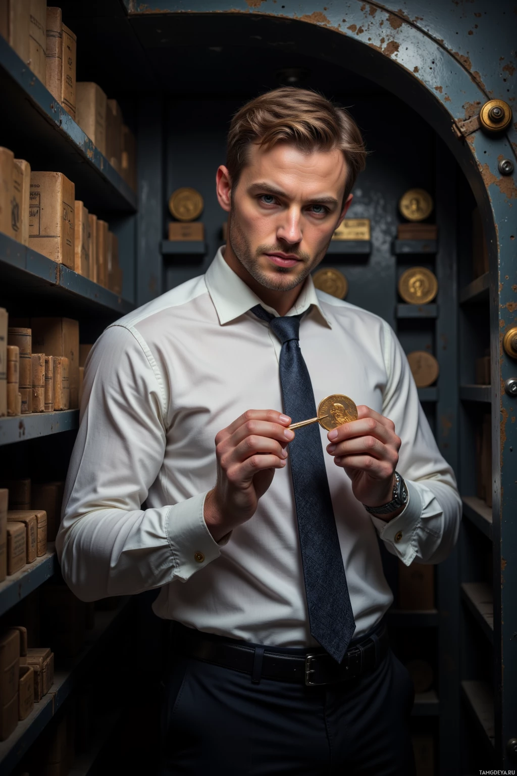 A man in formal attire holds a coin and key inside what appears to be an old vault or safe room.