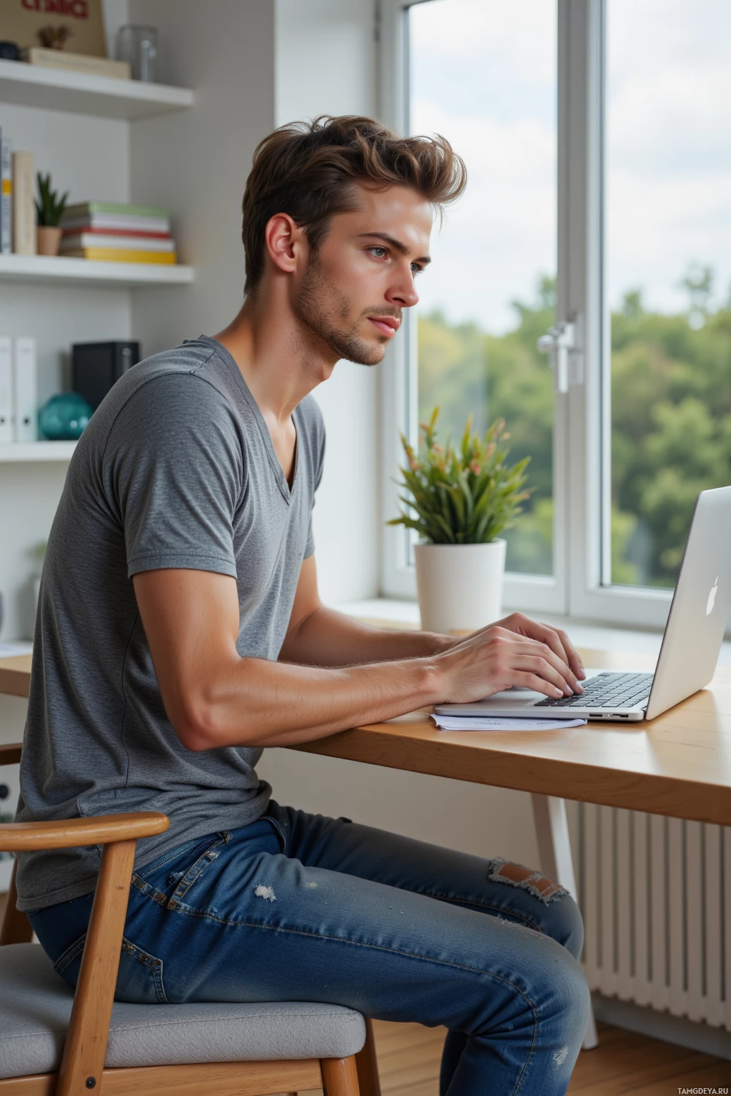 A person is sitting at a desk, working on a laptop in a well-lit room with a window view.