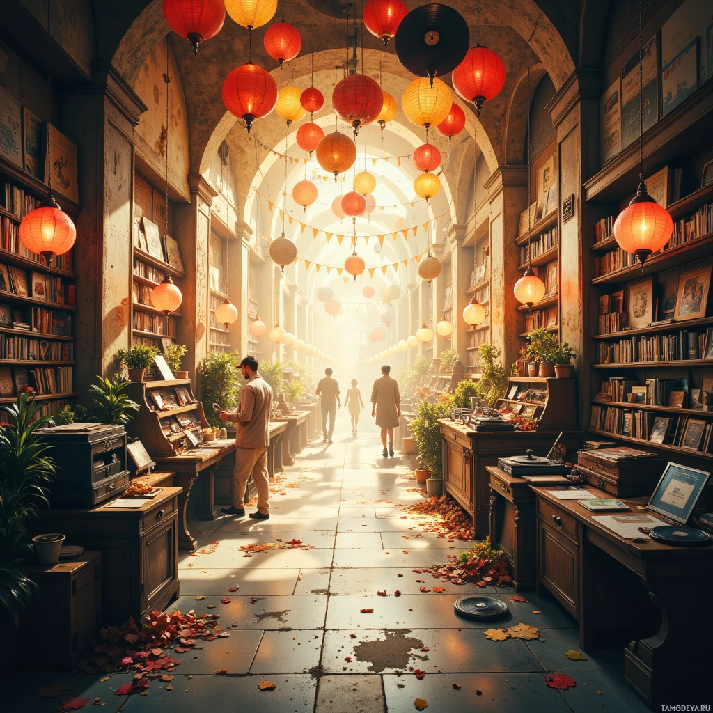A cozy library with bookshelves, hanging lanterns, and autumn leaves on the floor.