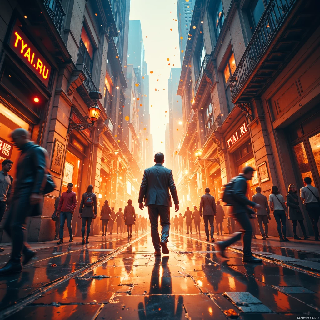 A bustling city street scene with people walking, illuminated by warm, golden light.