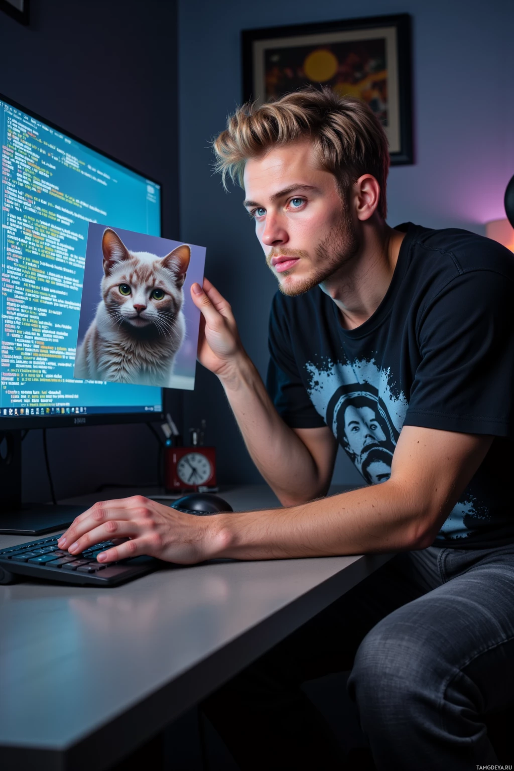 A person is sitting at a desk with a computer and holding up a picture of a cat.