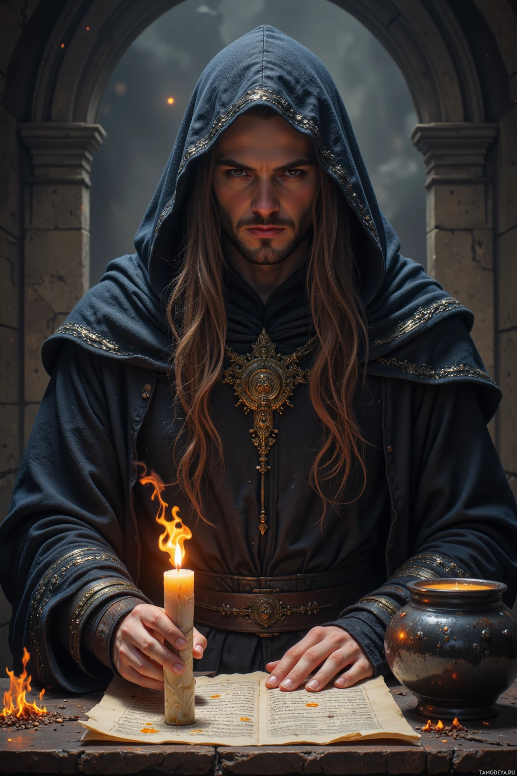 A person in dark robes holds a lit candle and sits at a table with an open book and a glowing pot nearby.