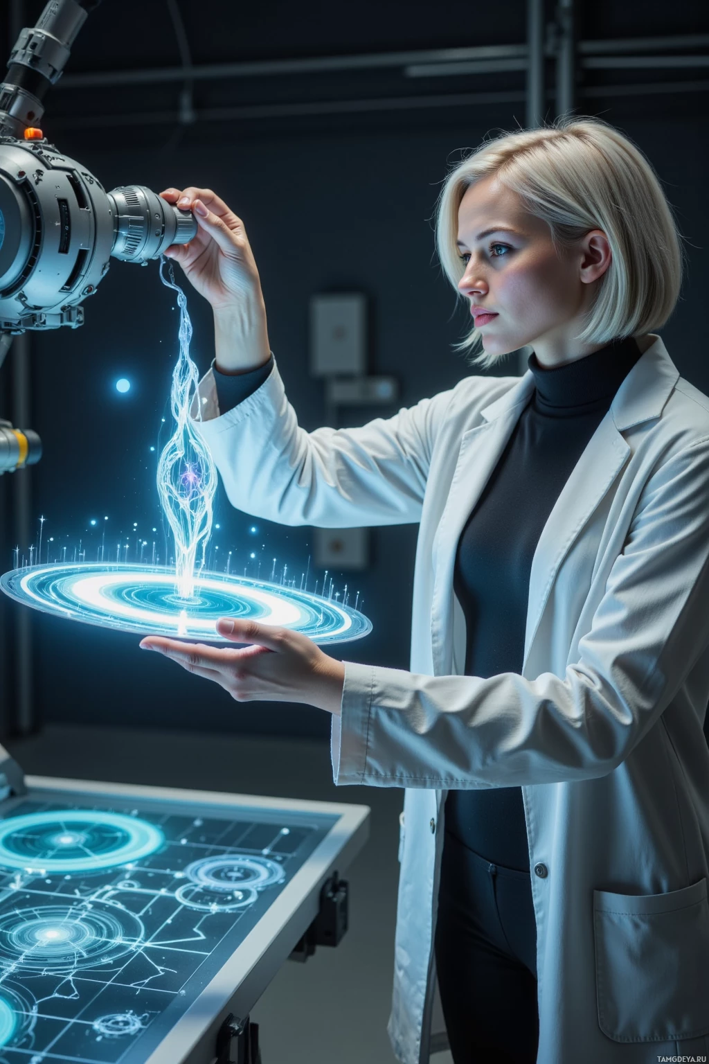 A person in a lab coat interacts with a futuristic device emitting glowing energy.