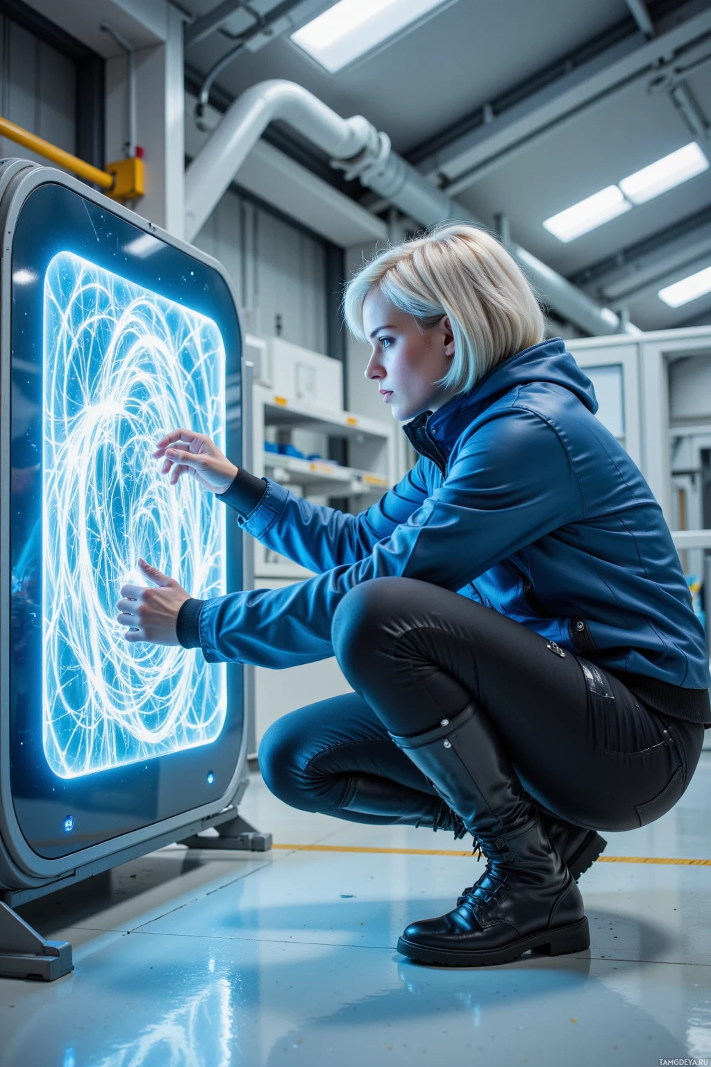 A person in a blue jacket interacts with a glowing, intricate display in a modern, industrial setting.