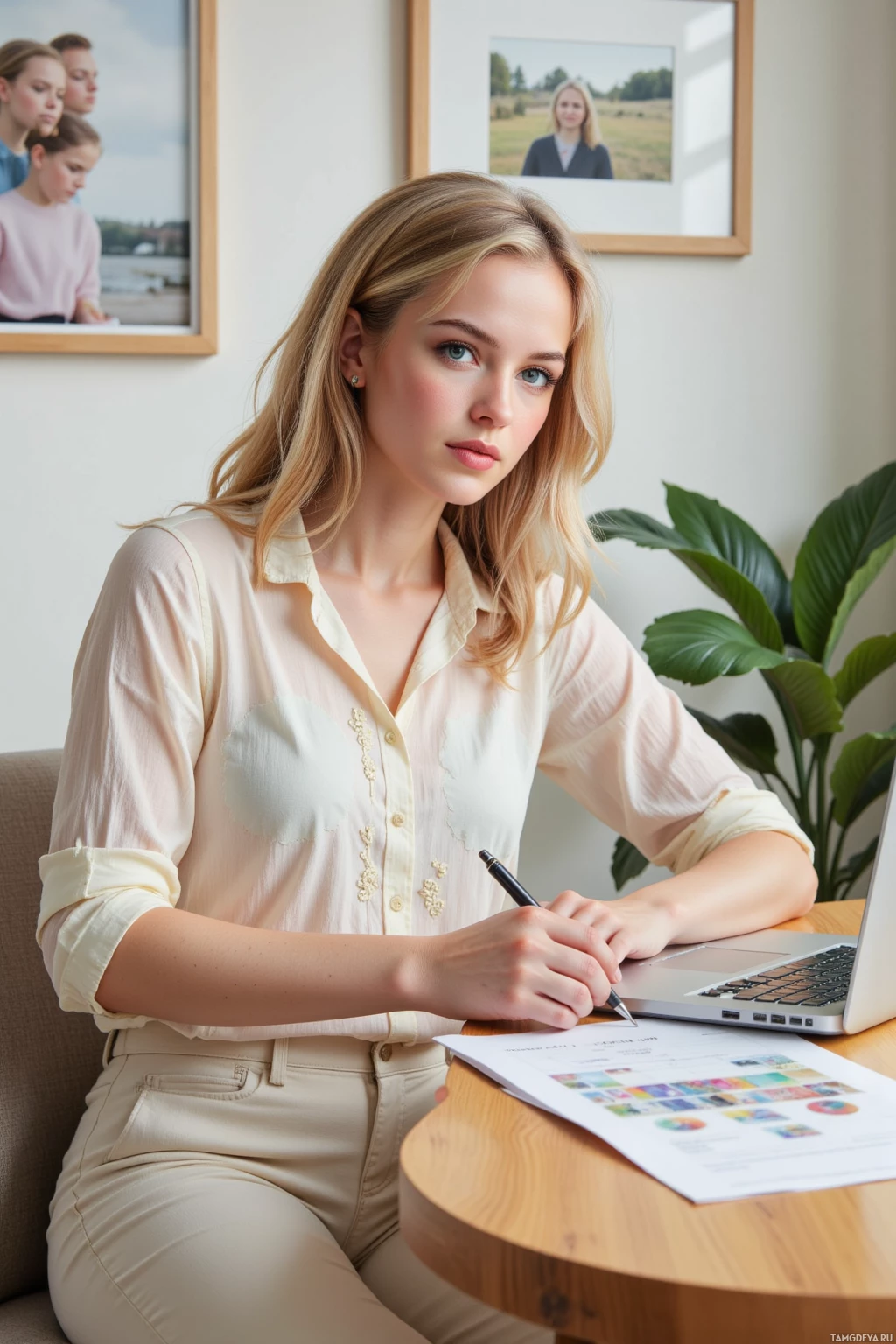 A woman is sitting at a desk with a laptop and papers, writing on a document while looking directly ahead.