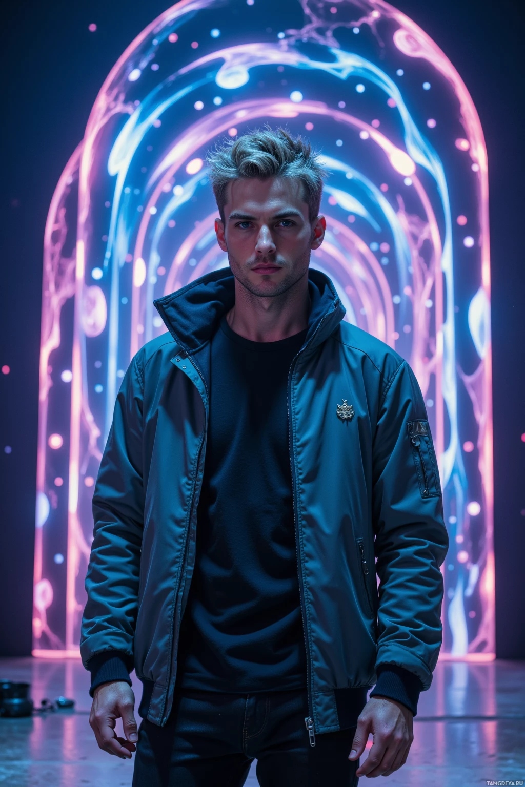 A person stands in front of a glowing, abstract background, wearing a dark jacket and jeans.