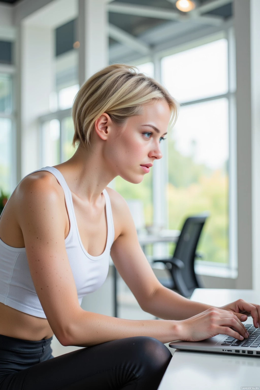 A woman in a white tank top and black leggings is typing on a laptop.