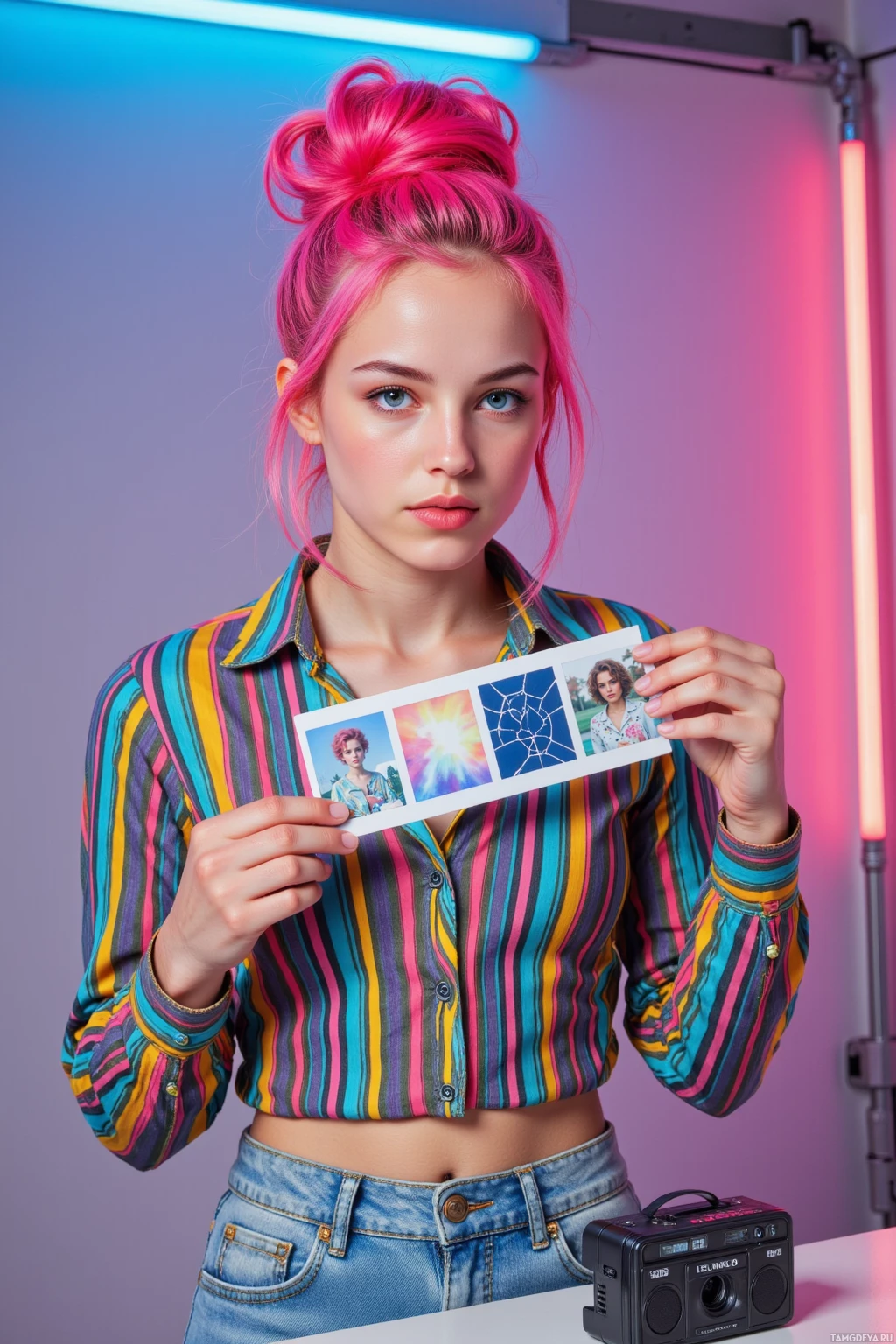 A person with vibrant pink hair styled in a bun holds up a strip of instant photos in a colorful, retro-styled setting.