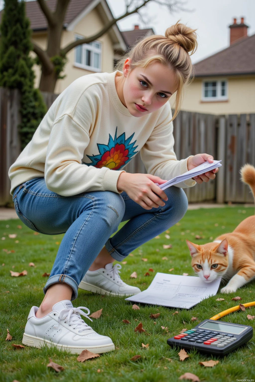 A person crouches on grass with papers and a calculator, accompanied by an orange cat.
