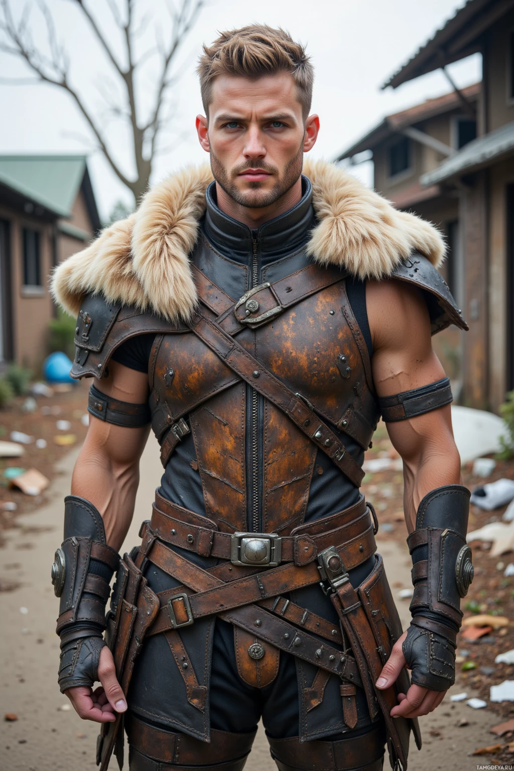 A person in a detailed, rugged leather armor with fur trim stands outdoors.