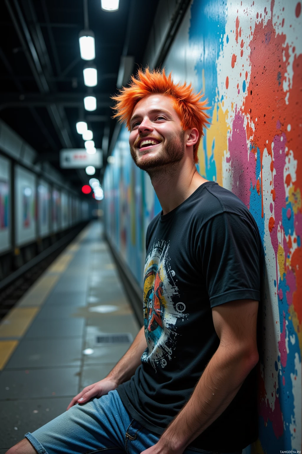 A person with bright orange hair leans against a colorful wall in a subway station.