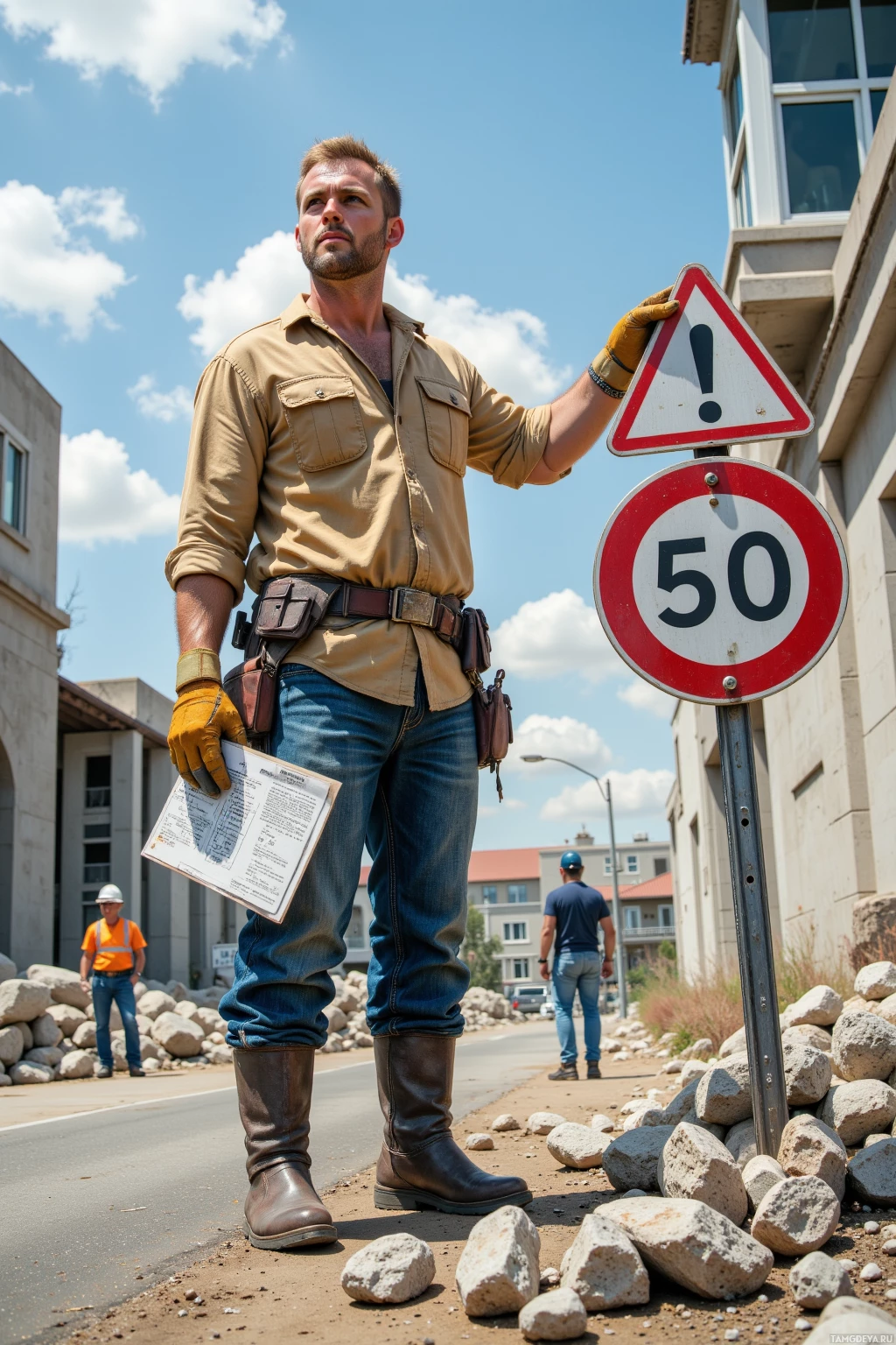 A person in work attire stands near road signs and construction materials on a sunny day.