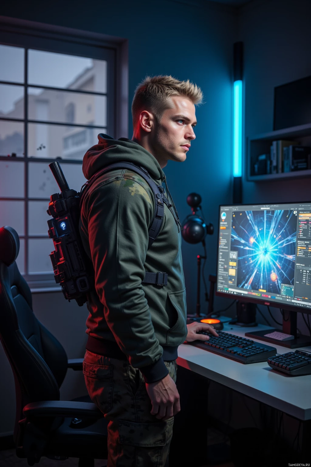 A person stands in a dimly lit room, facing a computer monitor displaying a bright, dynamic image, wearing a green hoodie and tactical gear.