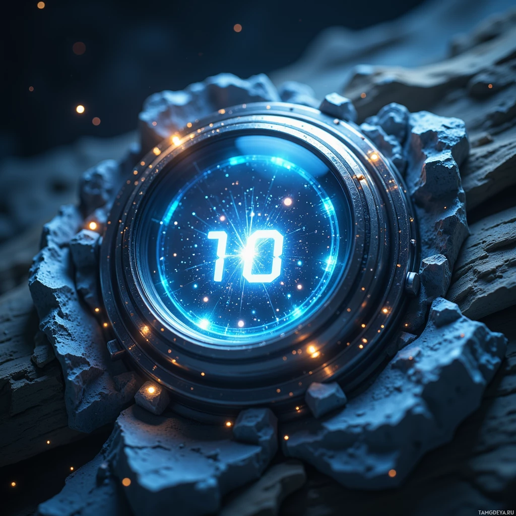 A glowing digital display showing the number "10" embedded in a rocky surface.