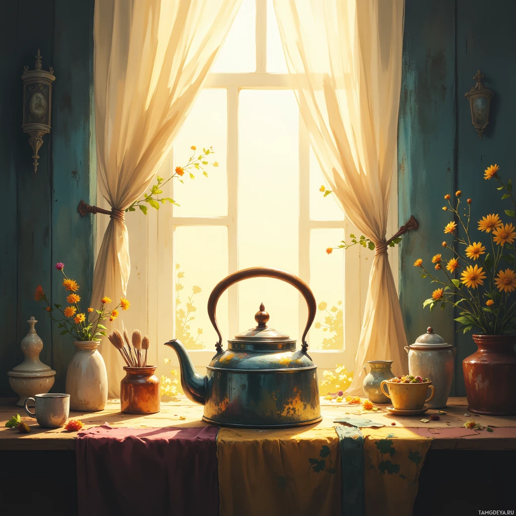 A cozy kitchen scene with a vintage teapot on a table, surrounded by flowers and sunlight streaming through a window.